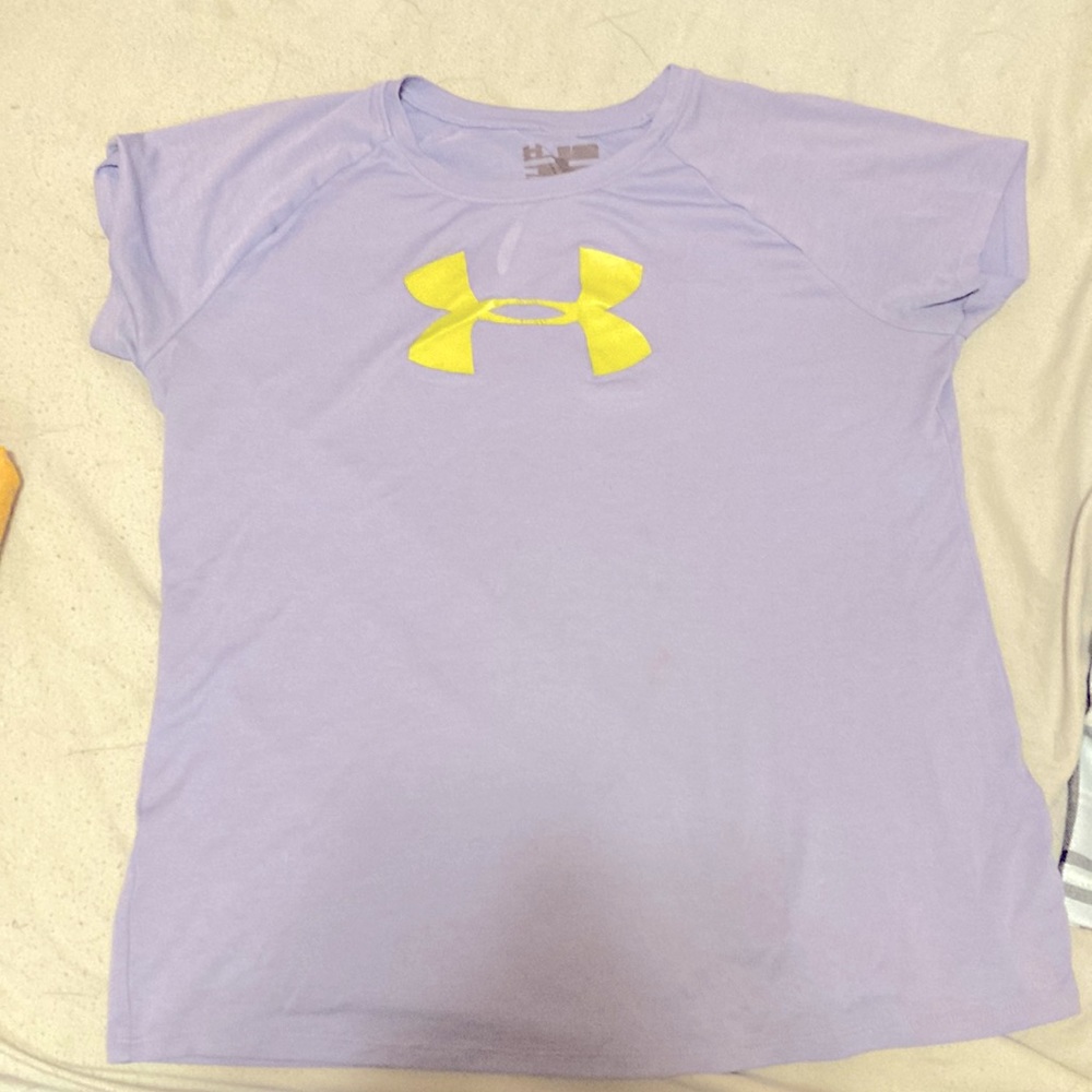 Light blue, purple, lime green, under armor Tee